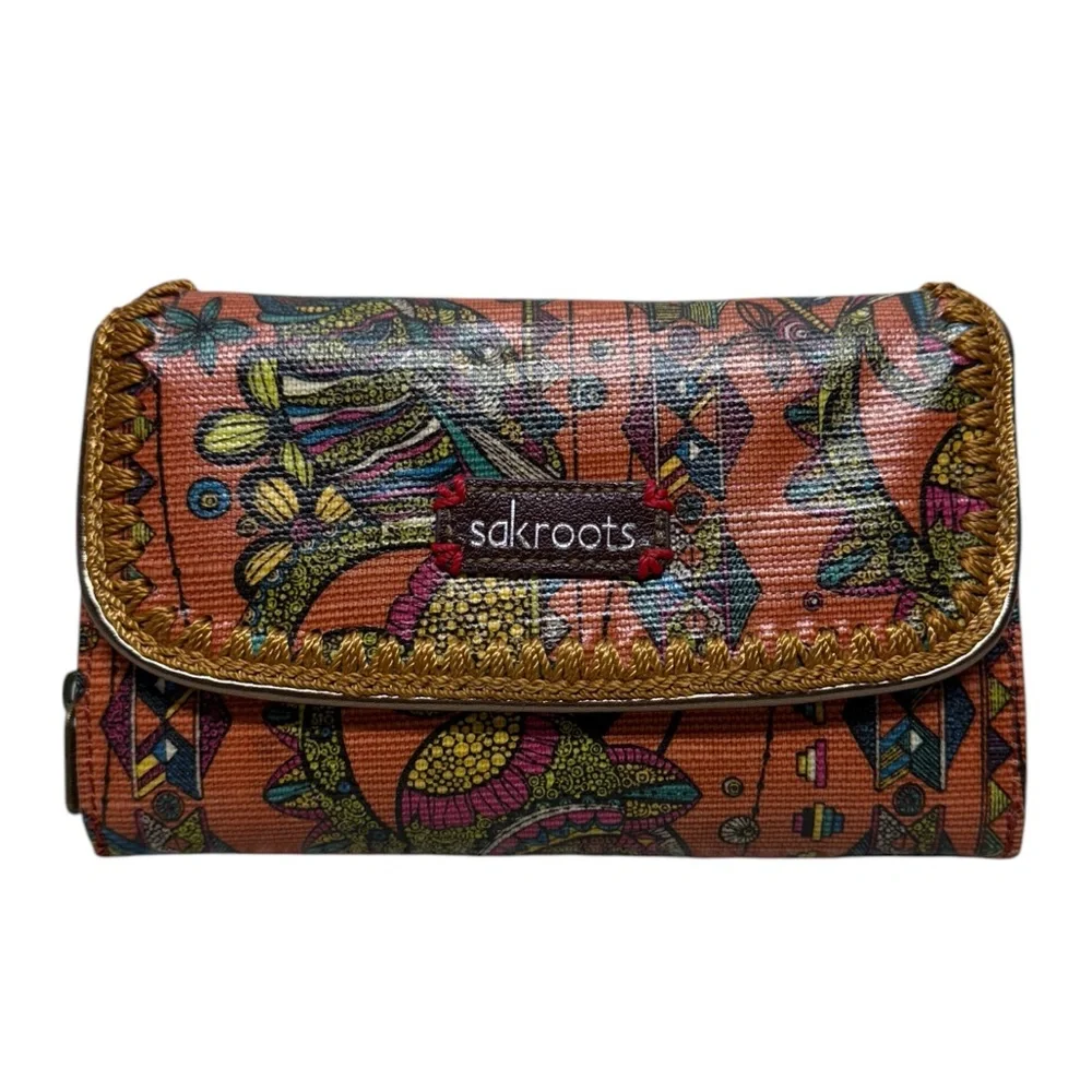 Sakroots Orange printed trifold large wallet like new bohemian coated canvas